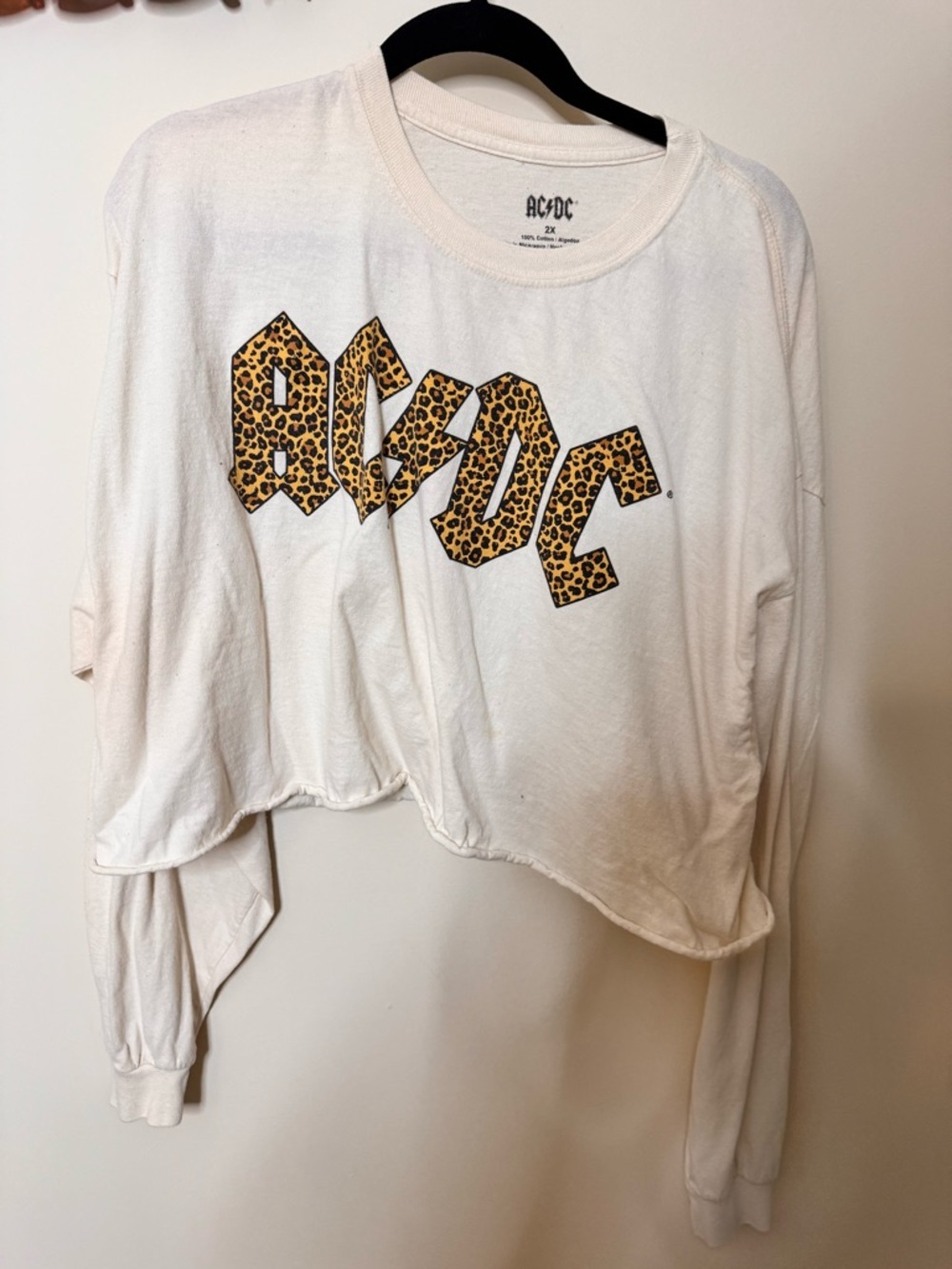 AC/DC White Crop Long Sleeve Tee with Leopard-Print Logo - Picture 1 of 4